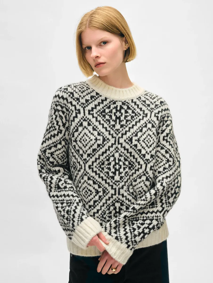 Online White + Warren alpaca blend nordic crewneck Ivory/black