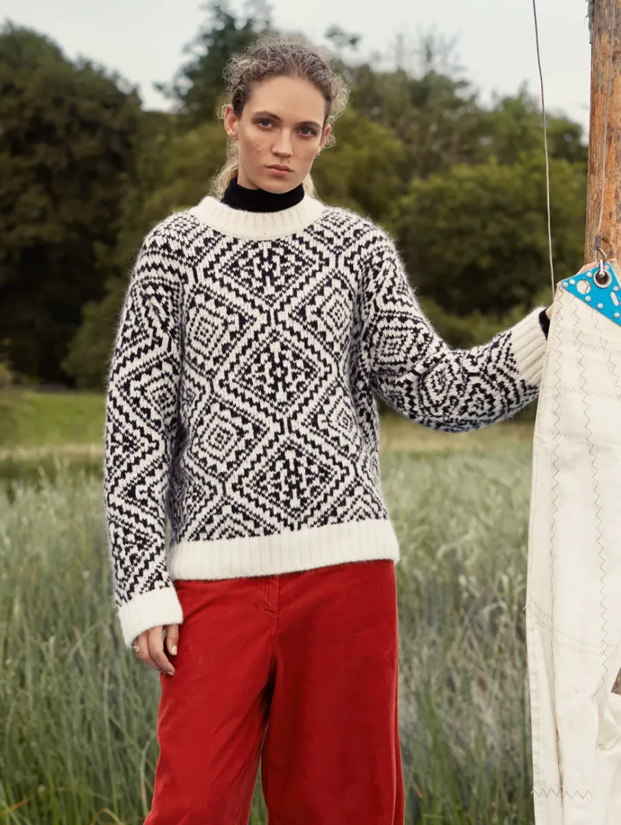 Online White + Warren alpaca blend nordic crewneck Ivory/black