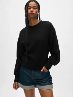 Outlet White + Warren cashmere blouson sleeve crewneck Black