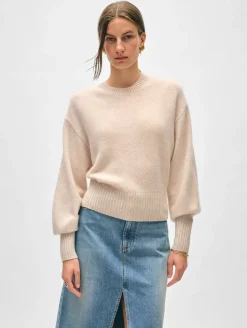 Clearance White + Warren cashmere blouson sleeve crewneck NaturalHeather