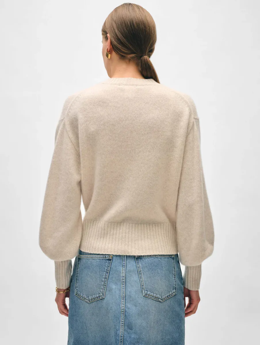 Clearance White + Warren cashmere blouson sleeve crewneck NaturalHeather