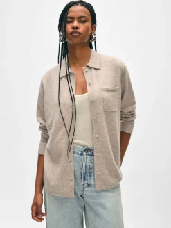 New White + Warren cashmere button down shirt SandWispHeather