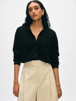 Online White + Warren cashmere button down shirt Black
