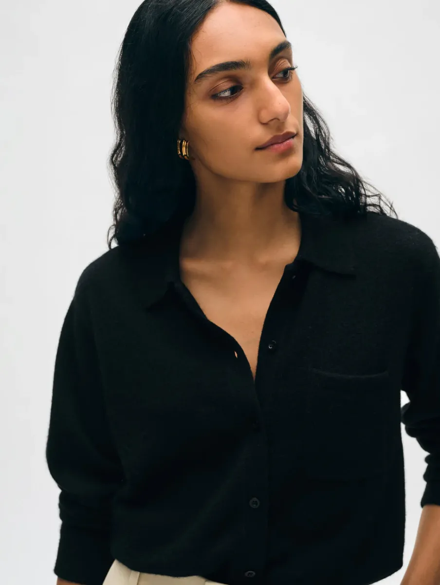 Online White + Warren cashmere button down shirt Black