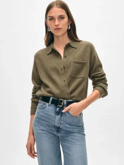 Discount White + Warren cashmere button down shirt Loden