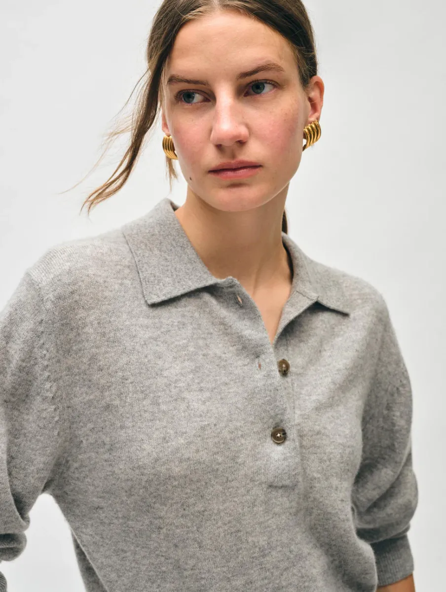 Best White + Warren cashmere button polo GreyHeather