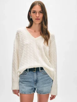 Hot White + Warren cashmere cable knit v neck SoftWhite