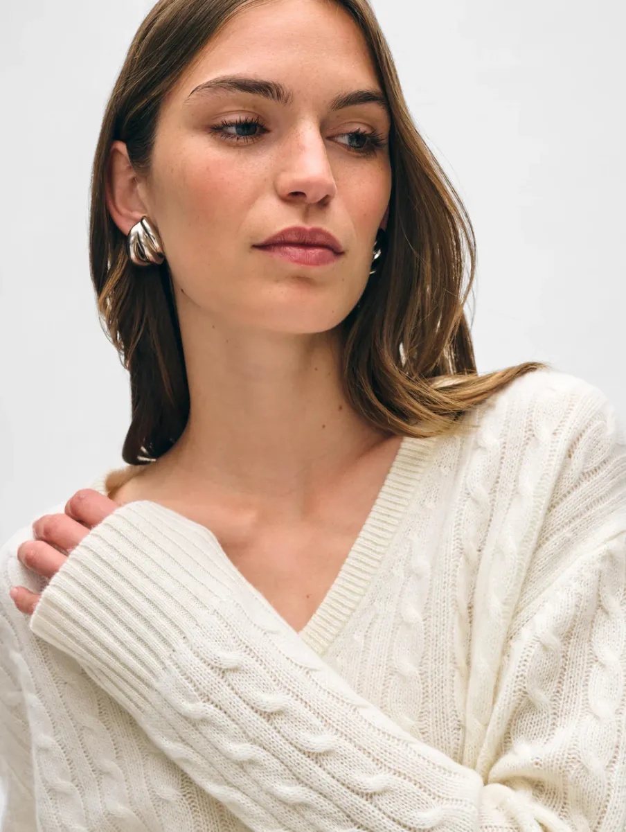 Hot White + Warren cashmere cable knit v neck SoftWhite