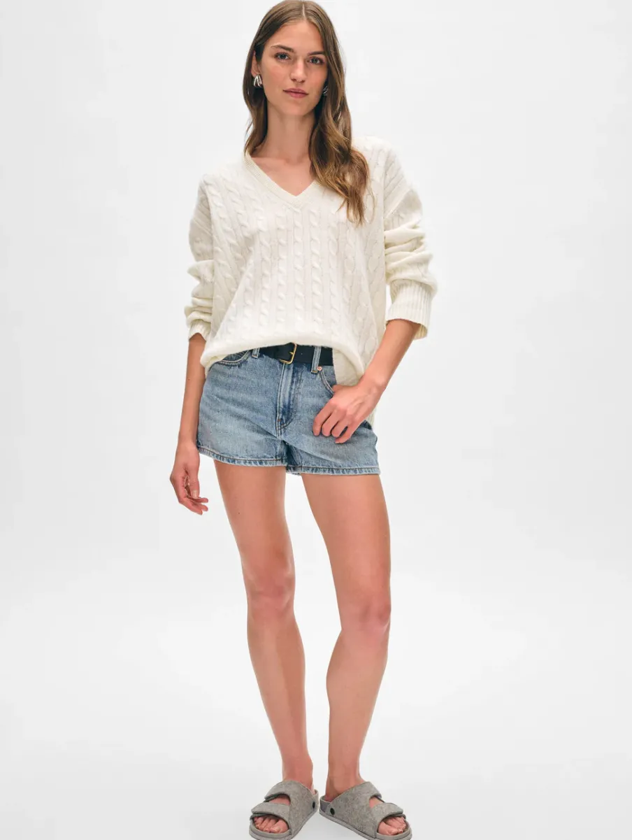 Hot White + Warren cashmere cable knit v neck SoftWhite