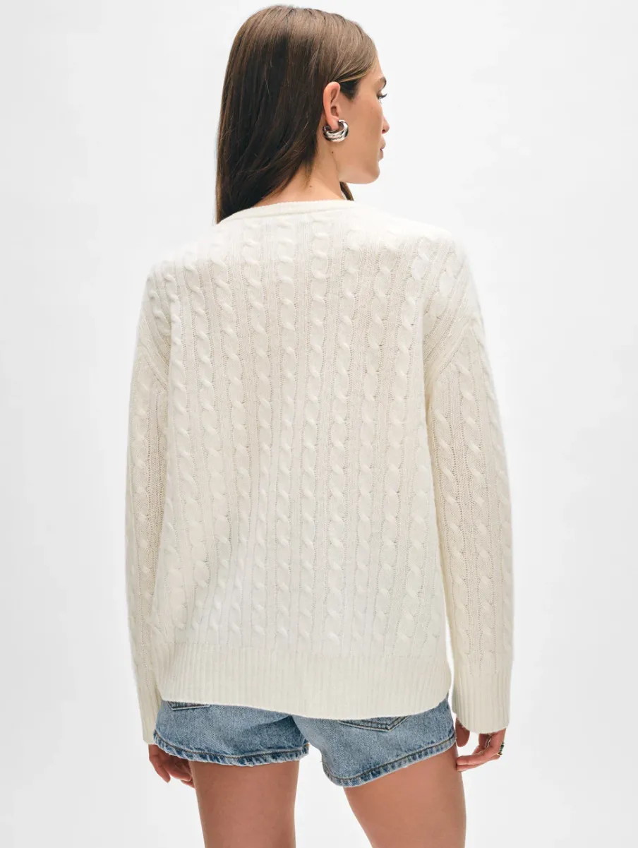 Hot White + Warren cashmere cable knit v neck SoftWhite