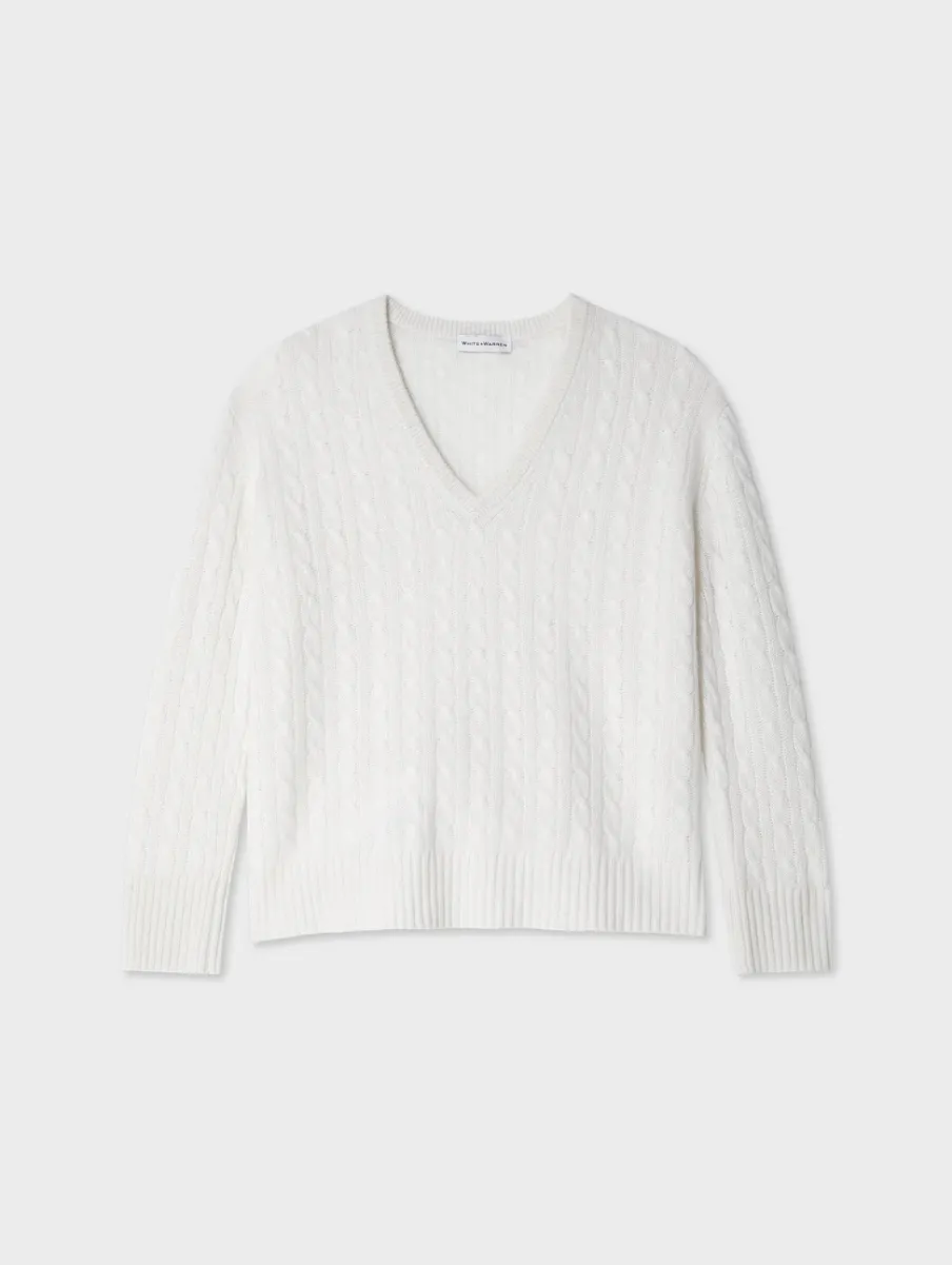 Hot White + Warren cashmere cable knit v neck SoftWhite