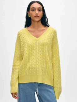 Clearance White + Warren cashmere cable knit v neck AcidLimeCombo