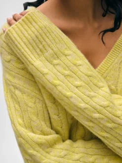 Clearance White + Warren cashmere cable knit v neck AcidLimeCombo