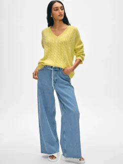 Clearance White + Warren cashmere cable knit v neck AcidLimeCombo