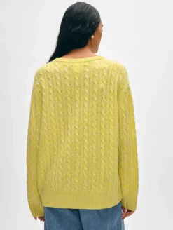 Clearance White + Warren cashmere cable knit v neck AcidLimeCombo
