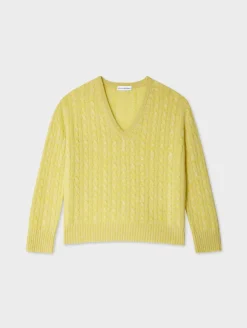 Clearance White + Warren cashmere cable knit v neck AcidLimeCombo