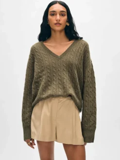 Best White + Warren cashmere cable knit v neck Loden