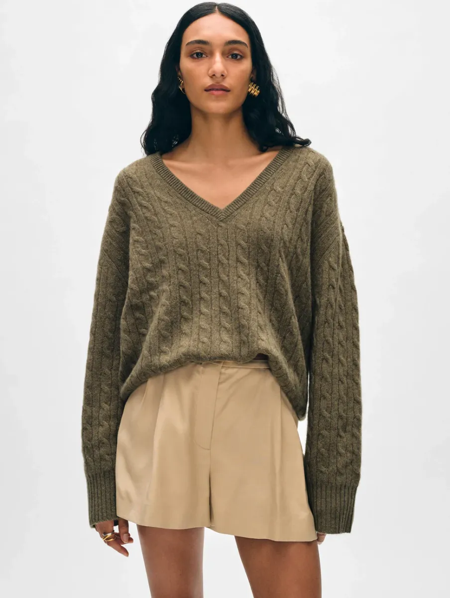 Best White + Warren cashmere cable knit v neck Loden