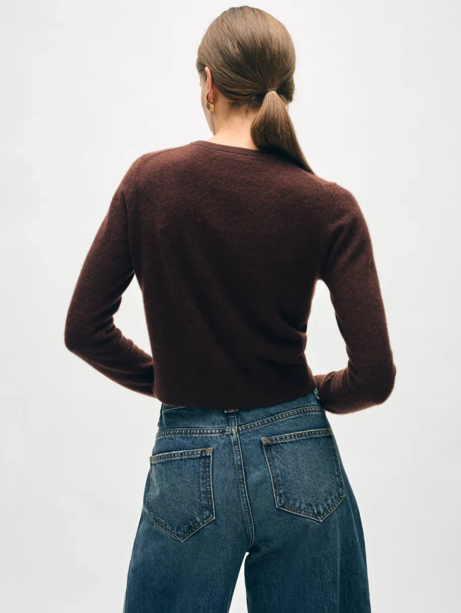 New White + Warren cashmere crewneck cardigan Espresso