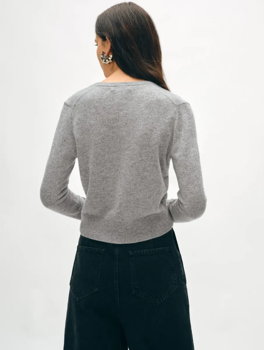Best White + Warren cashmere crewneck cardigan GreyHeather