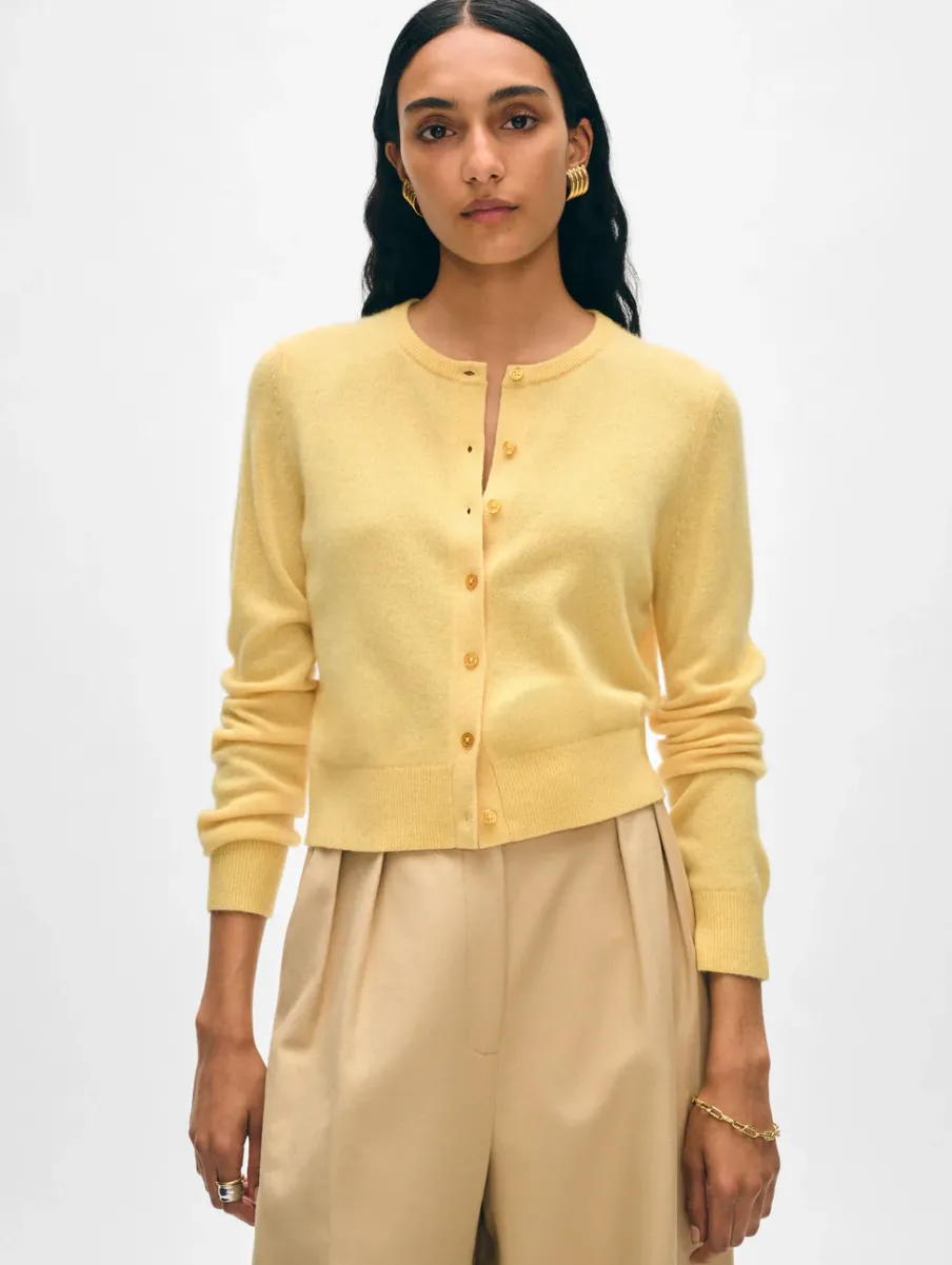 Best White + Warren cashmere crewneck cardigan YellowMimosa