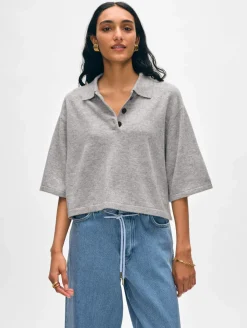 Hot White + Warren cashmere cropped polo GreyHeather