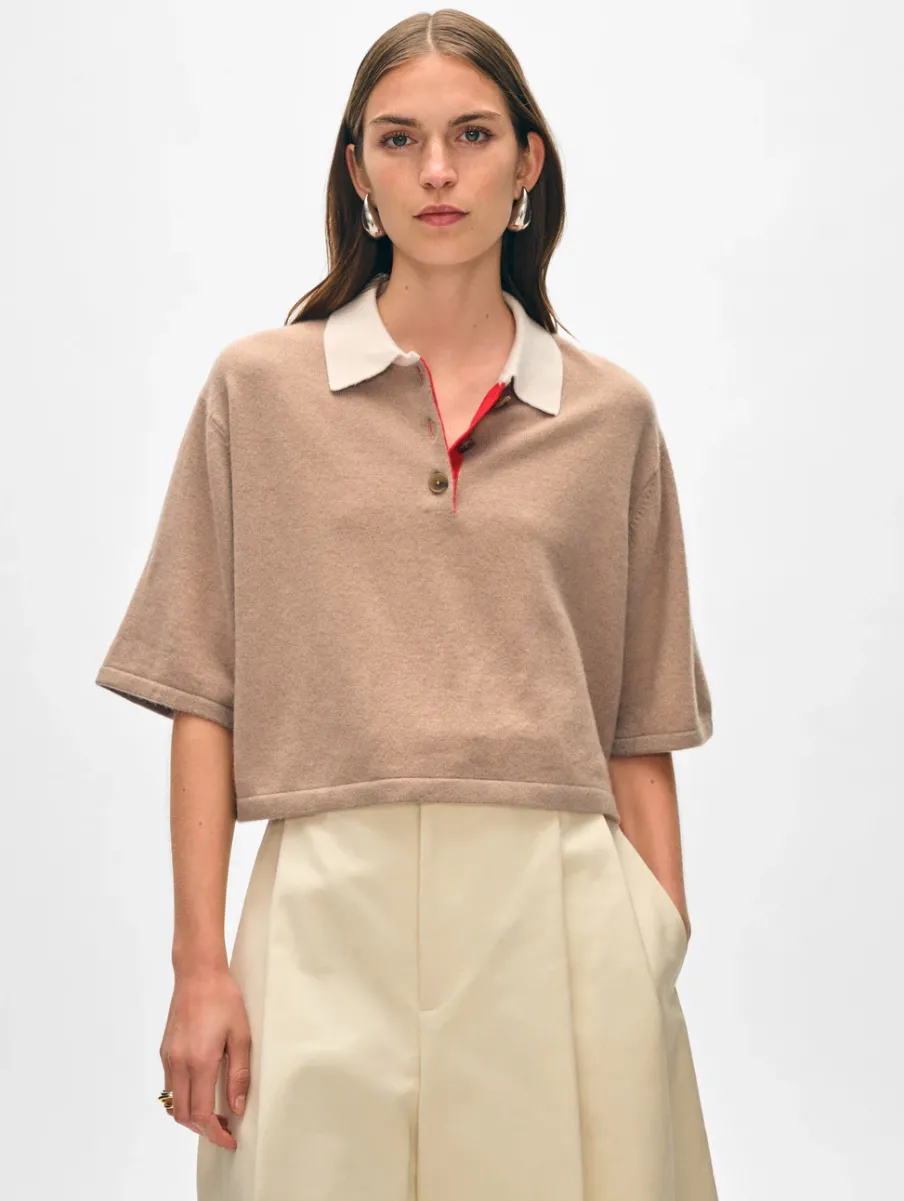 Clearance White + Warren cashmere cropped polo TrueCamelCombo