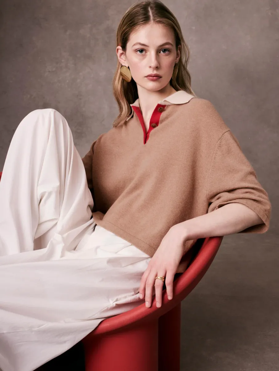 Clearance White + Warren cashmere cropped polo TrueCamelCombo
