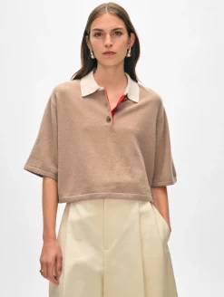 Outlet White + Warren cashmere cropped polo TrueCamelCombo