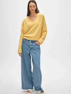 Hot White + Warren cashmere cuffed v neck YellowMimosa