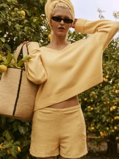 Hot White + Warren cashmere cuffed v neck YellowMimosa