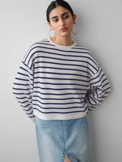 Outlet White + Warren cashmere drop shoulder striped sweater SoftWhite/Navy