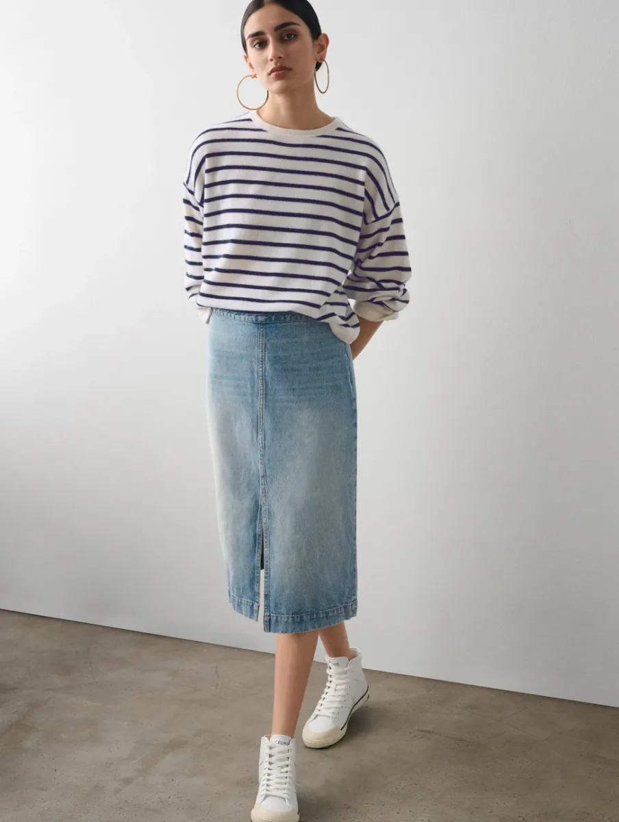 Outlet White + Warren cashmere drop shoulder striped sweater SoftWhite/Navy