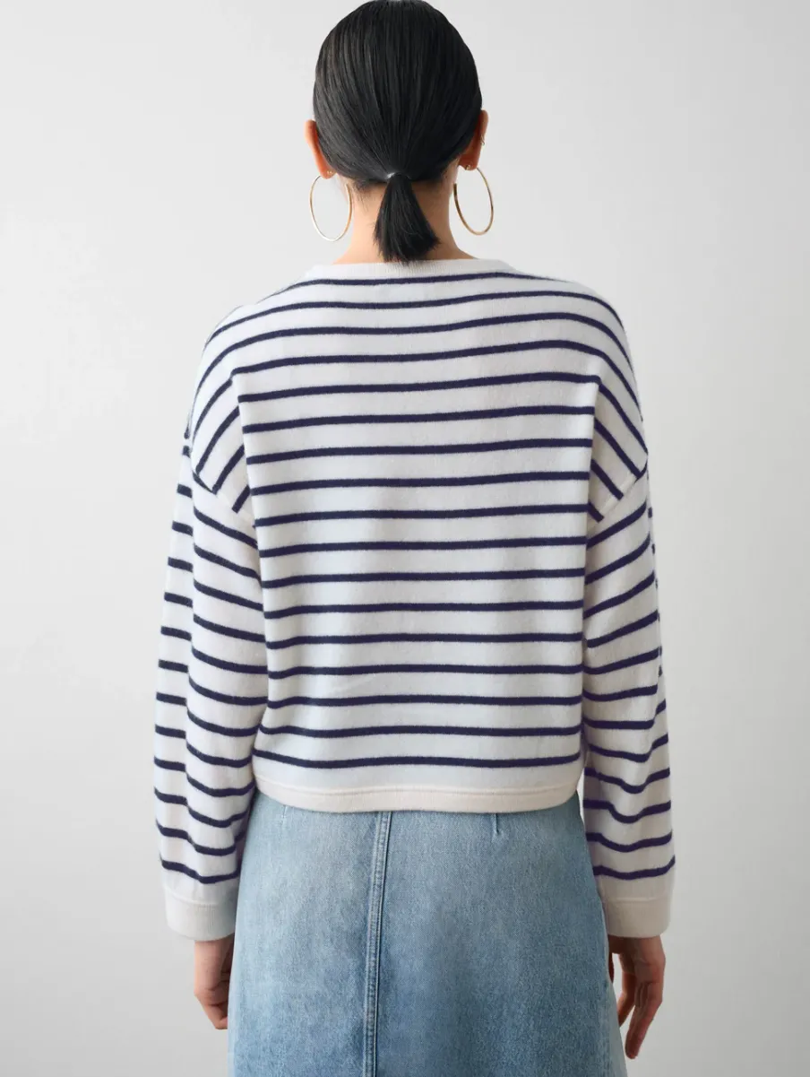 Outlet White + Warren cashmere drop shoulder striped sweater SoftWhite/Navy