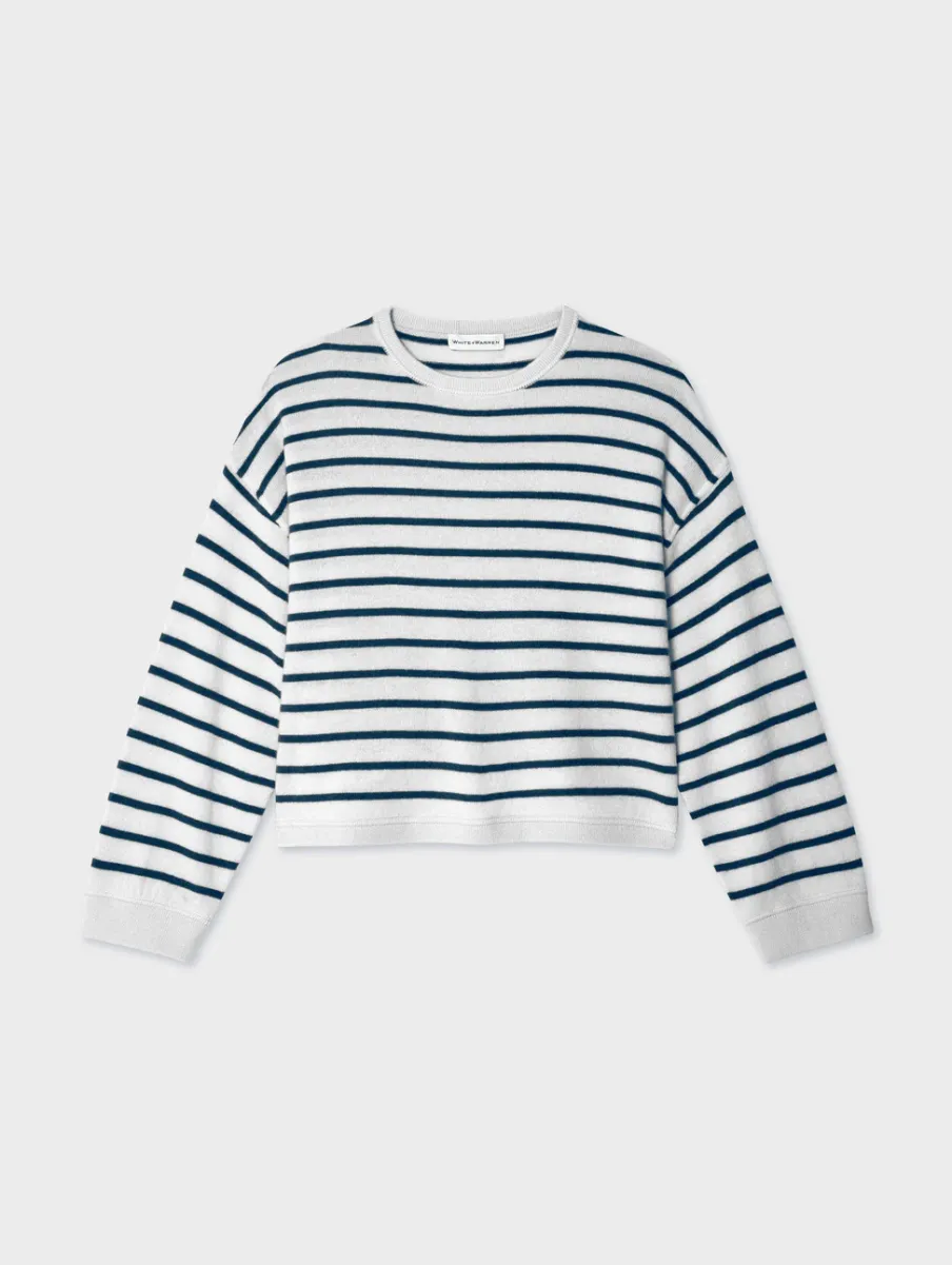 Outlet White + Warren cashmere drop shoulder striped sweater SoftWhite/Navy