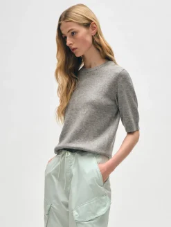 New White + Warren cashmere elbow sleeve tee GreyHeather