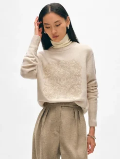 Online White + Warren cashmere fairytale embroidered crewneck Natural/putty