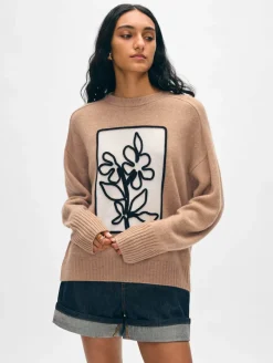 Fashion White + Warren cashmere floral appliqué crewneck Camel/White