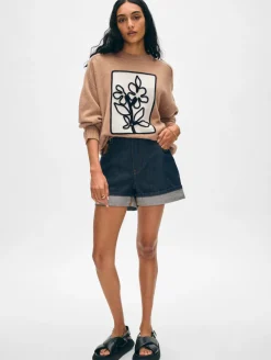 Fashion White + Warren cashmere floral appliqué crewneck Camel/White