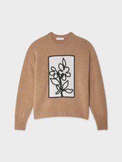 Fashion White + Warren cashmere floral appliqué crewneck Camel/White