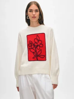Clearance White + Warren cashmere floral appliqué crewneck SoftWhite/Scarlet