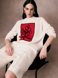 Clearance White + Warren cashmere floral appliqué crewneck SoftWhite/Scarlet