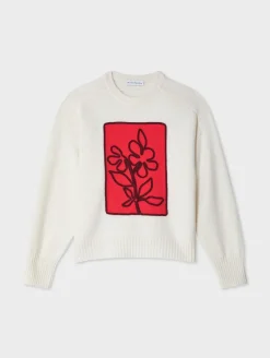 Clearance White + Warren cashmere floral appliqué crewneck SoftWhite/Scarlet