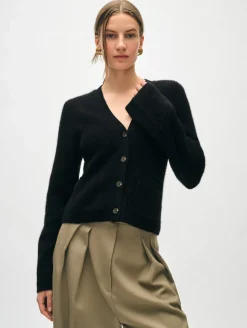 Sale White + Warren cashmere fluted sleeve cardigan Black