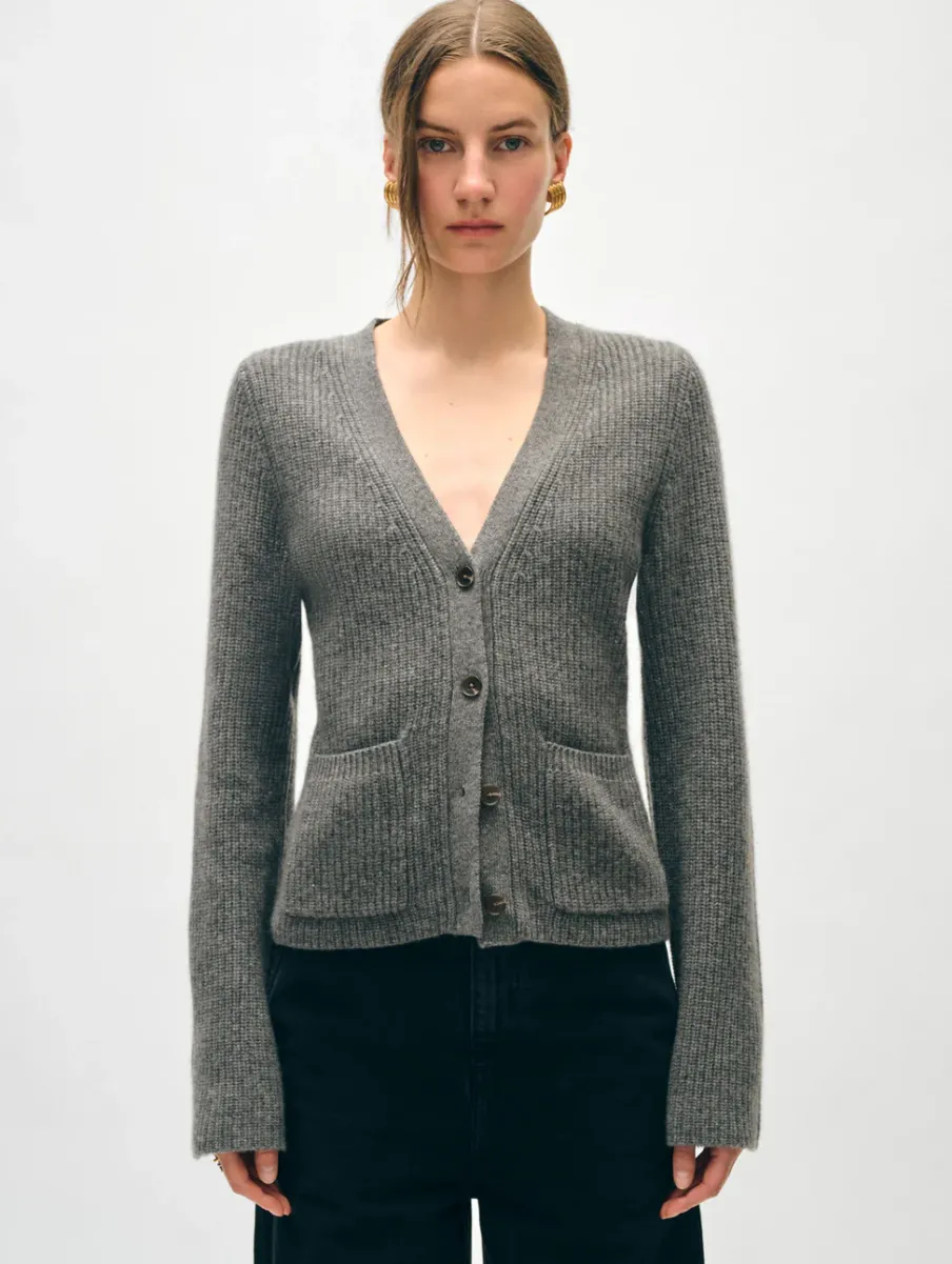 Best White + Warren cashmere fluted sleeve cardigan GraphiteHeather