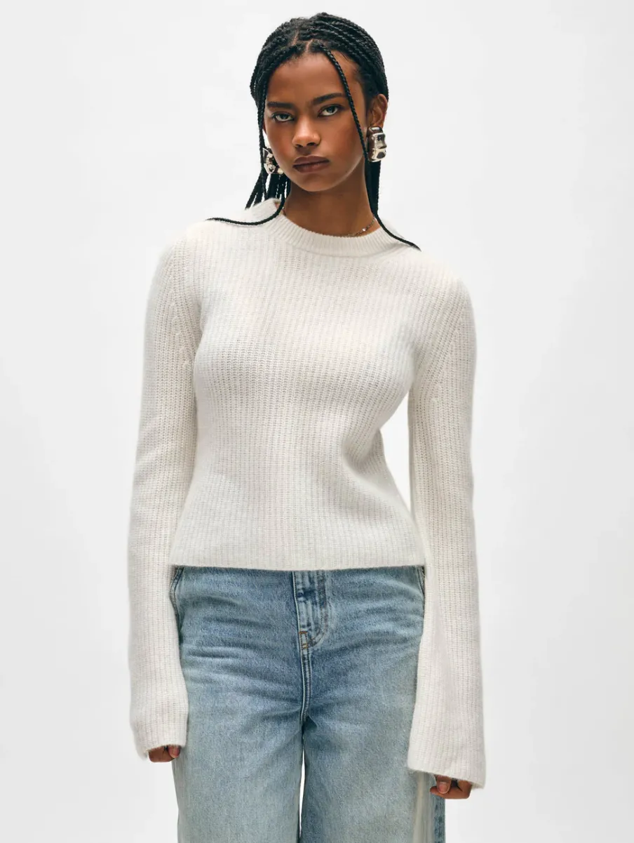 Clearance White + Warren cashmere fluted sleeve top SoftWhite