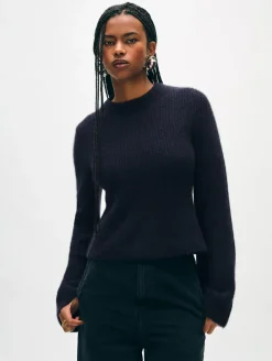 New White + Warren cashmere fluted sleeve top DeepNavy