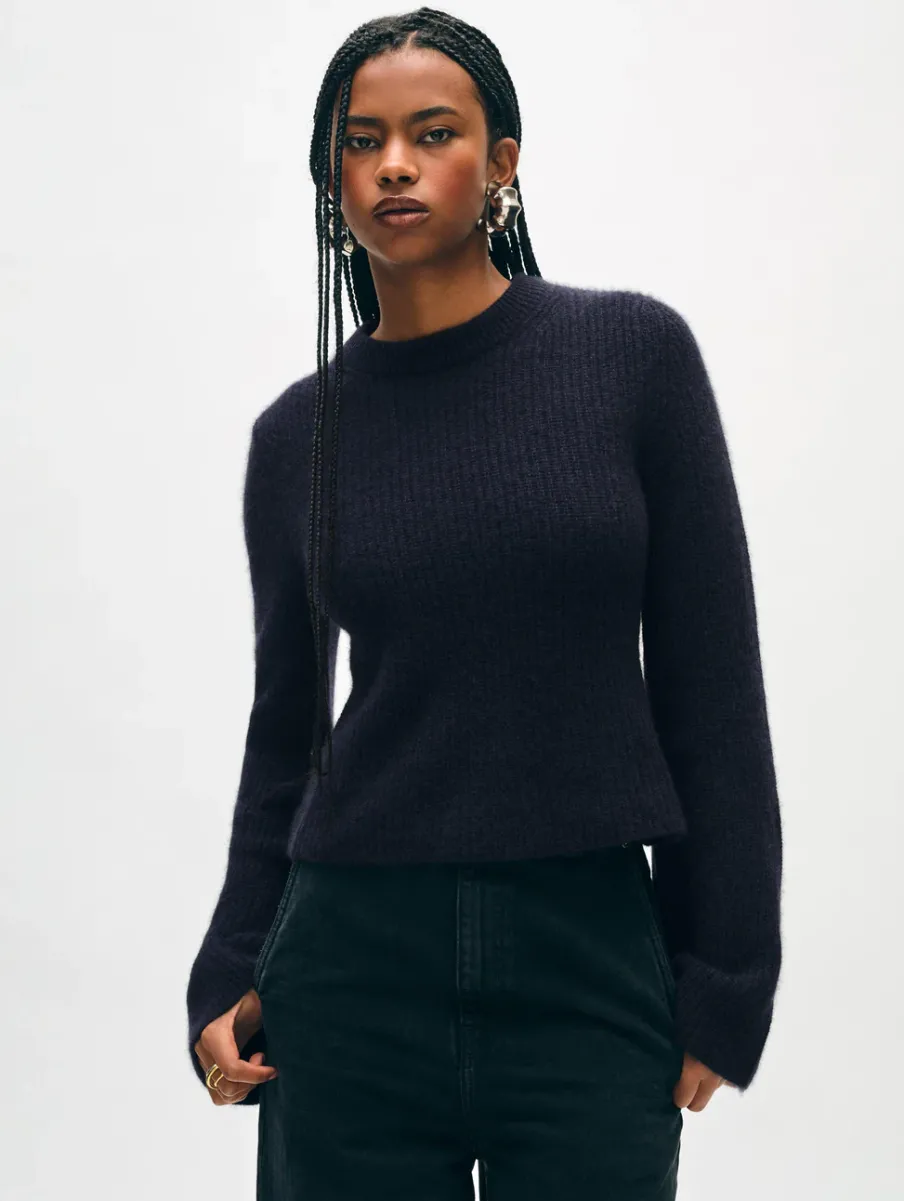 New White + Warren cashmere fluted sleeve top DeepNavy