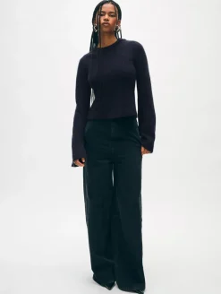 New White + Warren cashmere fluted sleeve top DeepNavy