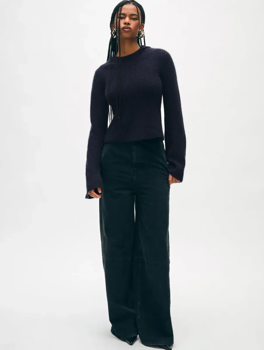 New White + Warren cashmere fluted sleeve top DeepNavy